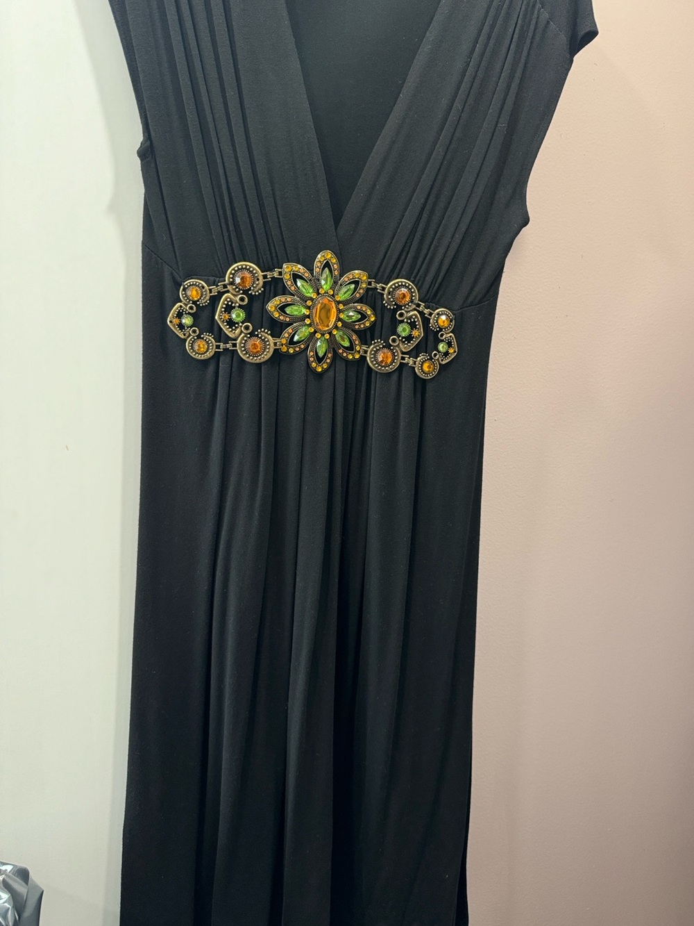 Double Zero Black Maxi Dress with Green and Amber Jeweled Waist